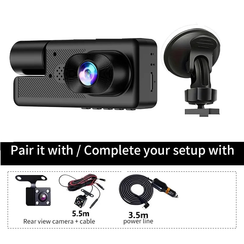 Dash Cam 5MP Car DVR Mini Camera Cars  Vehicle Recorder 3 Lenses Dashcam Video Front Rear Camera Night Vision Continuour Loop Vi